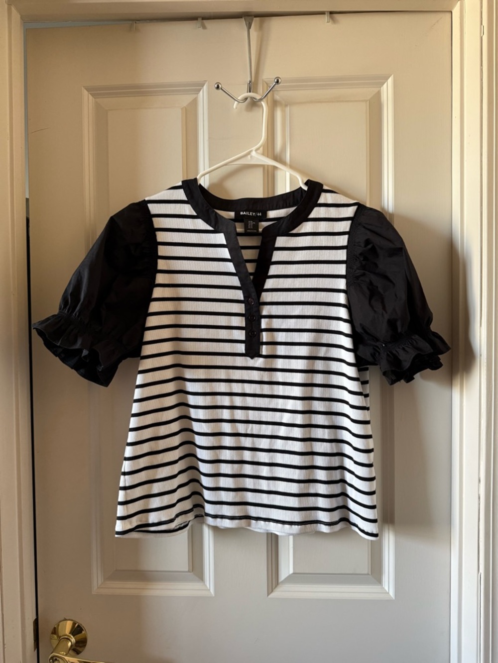 Bailey 44 Black and White Striped Puff Sleeve Henley Top - Picture 4 of 7